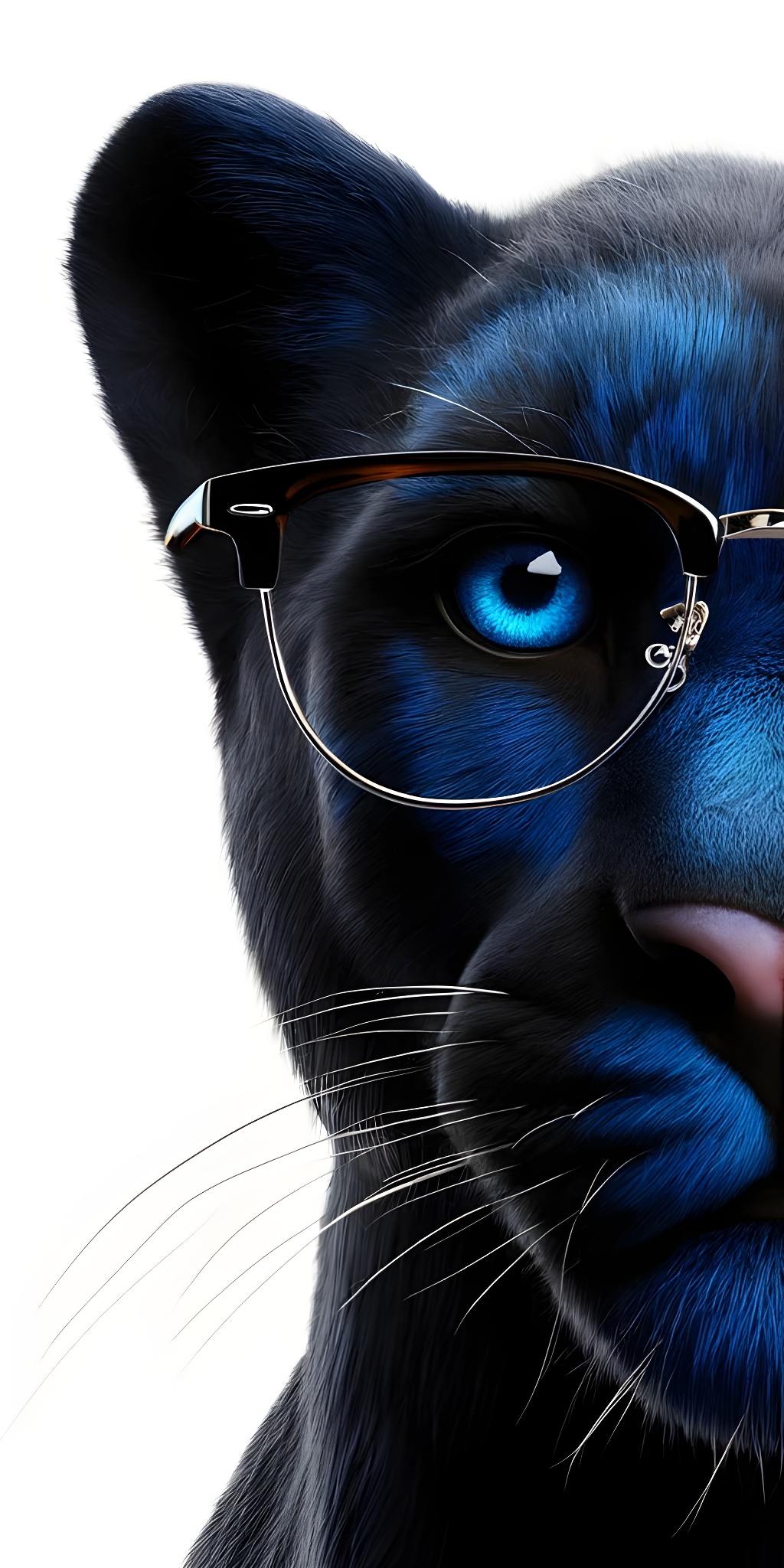 Blu Pantera mascot — a black panther with glowing blue eyes wearing browline glasses